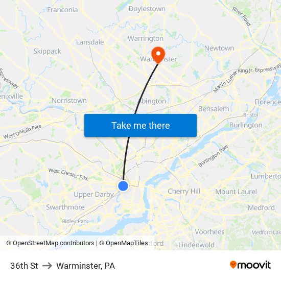 36th St to Warminster, PA map