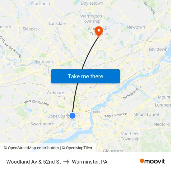 Woodland Av & 52nd St to Warminster, PA map
