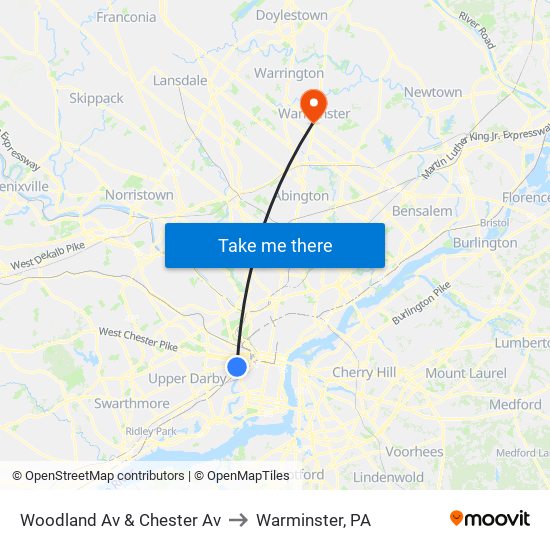 Woodland Av & Chester Av to Warminster, PA map
