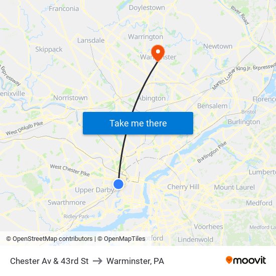 Chester Av & 43rd St to Warminster, PA map