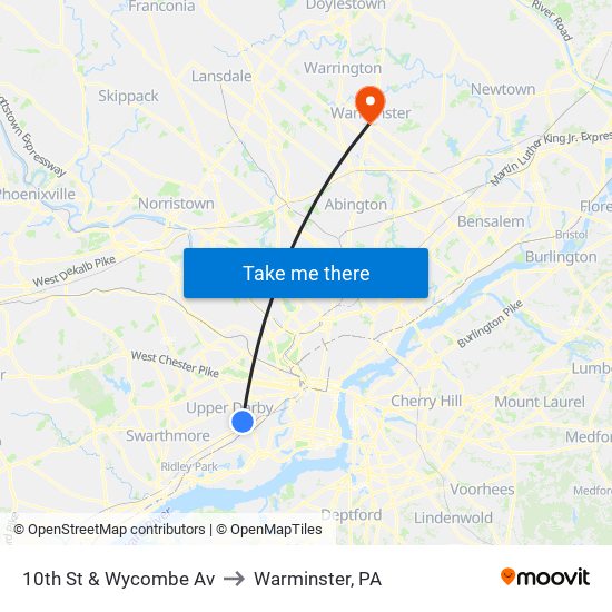 10th St & Wycombe Av to Warminster, PA map