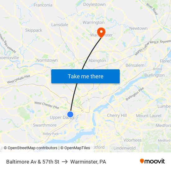 Baltimore Av & 57th St to Warminster, PA map