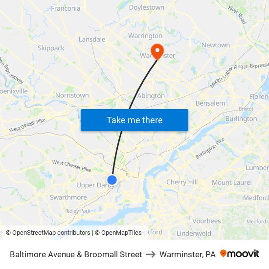 Baltimore Avenue & Broomall Street to Warminster, PA map