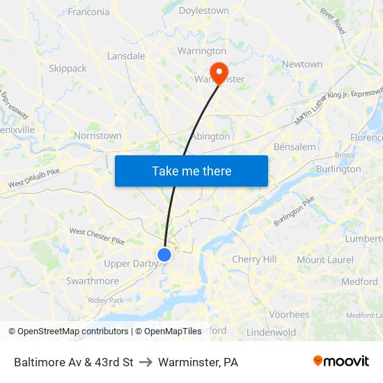 Baltimore Av & 43rd St to Warminster, PA map