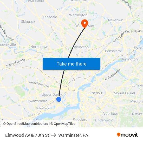 Elmwood Av & 70th St to Warminster, PA map