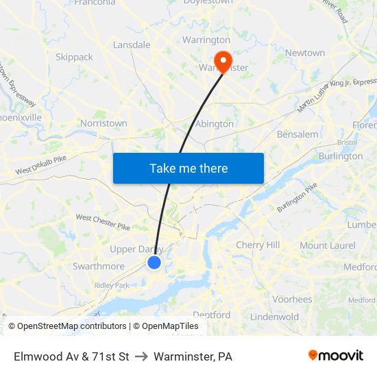 Elmwood Av & 71st St to Warminster, PA map