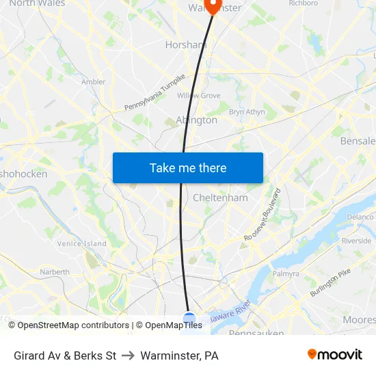 Girard Av & Berks St to Warminster, PA map