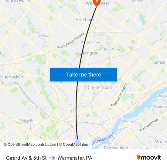 Girard Av & 5th St to Warminster, PA map