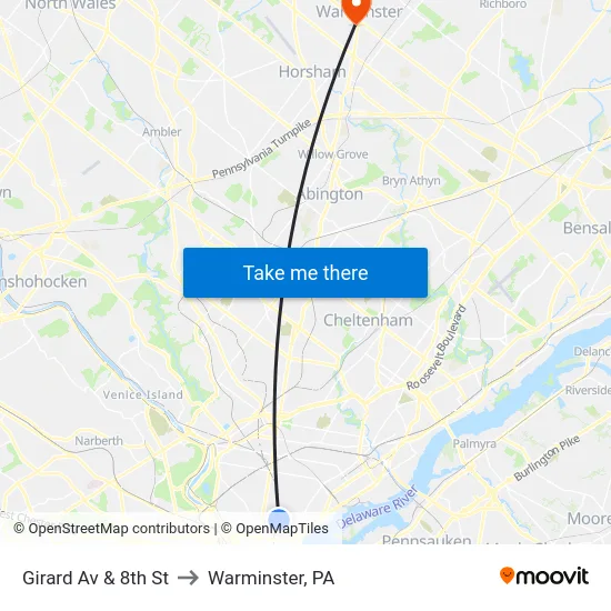 Girard Av & 8th St to Warminster, PA map