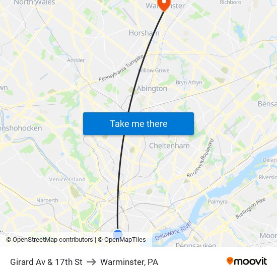 Girard Av & 17th St to Warminster, PA map