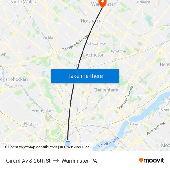 Girard Av & 26th St to Warminster, PA map