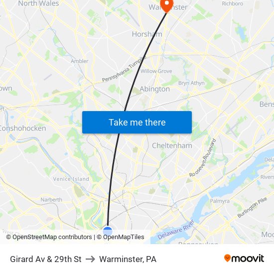 Girard Av & 29th St to Warminster, PA map