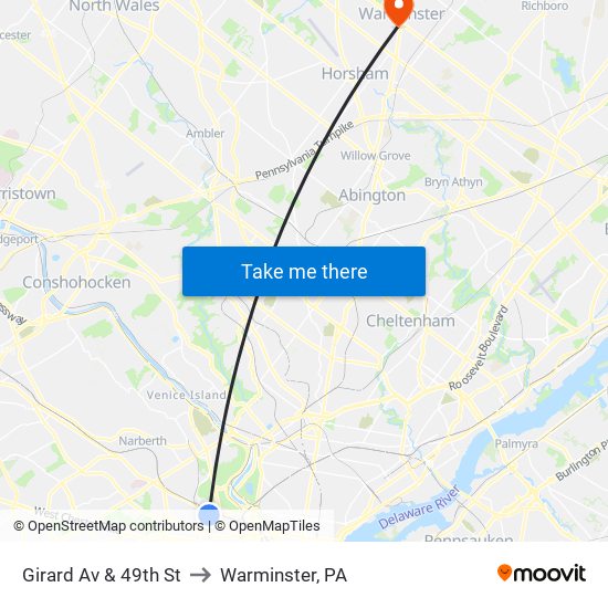 Girard Av & 49th St to Warminster, PA map