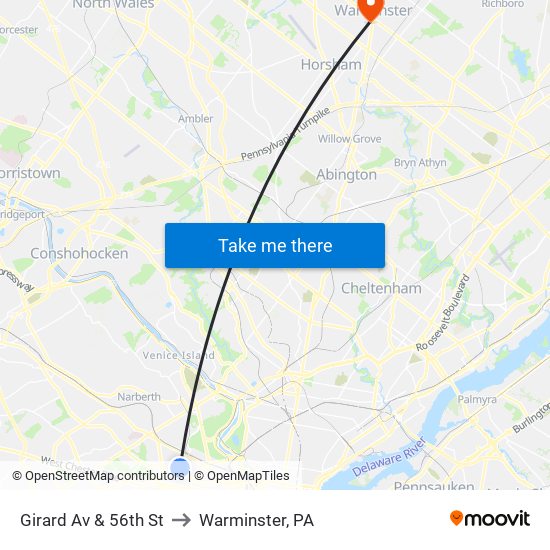 Girard Av & 56th St to Warminster, PA map