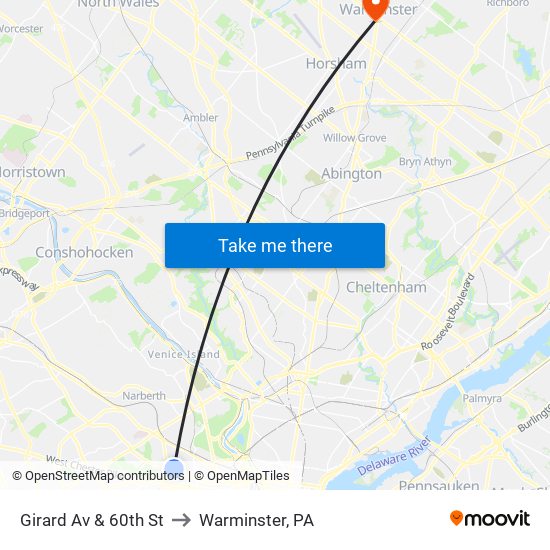 Girard Av & 60th St to Warminster, PA map