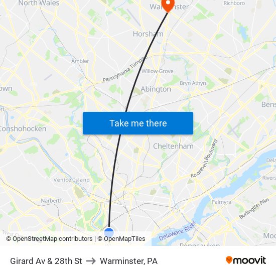 Girard Av & 28th St to Warminster, PA map
