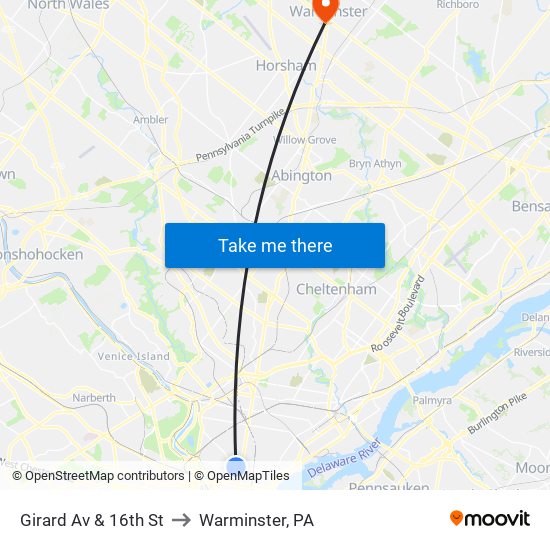 Girard Av & 16th St to Warminster, PA map
