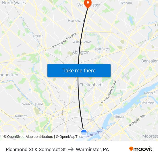 Richmond St & Somerset St to Warminster, PA map