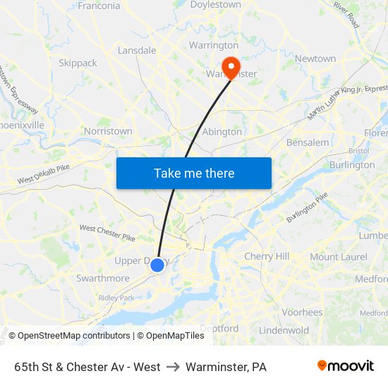 65th St & Chester Av - West to Warminster, PA map