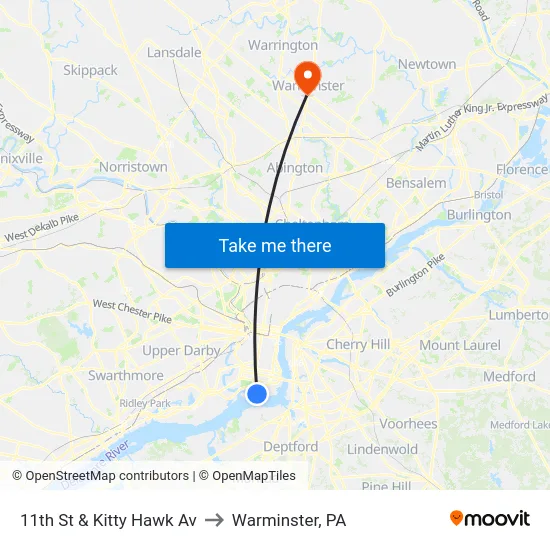 11th St & Kitty Hawk Av to Warminster, PA map