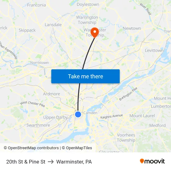 20th St & Pine St to Warminster, PA map