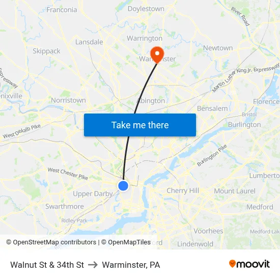 Walnut St & 34th St to Warminster, PA map