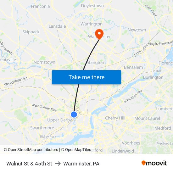 Walnut St & 45th St to Warminster, PA map