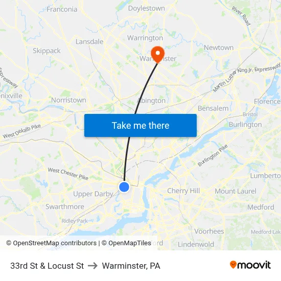 33rd St & Locust St to Warminster, PA map