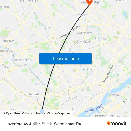 Haverford Av & 60th St to Warminster, PA map