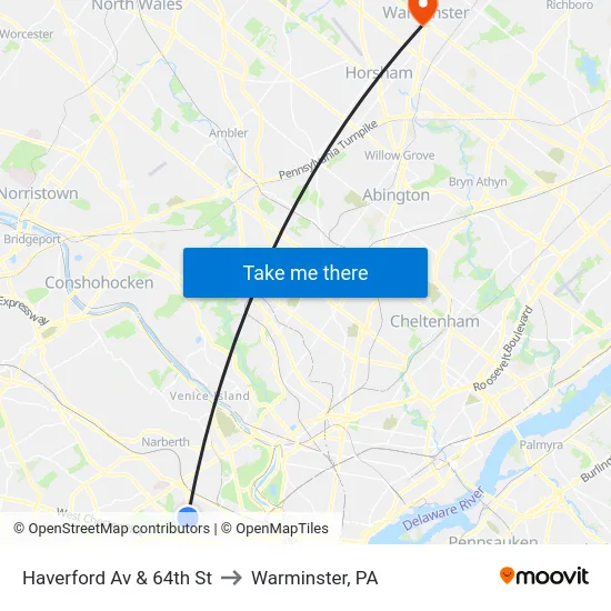 Haverford Av & 64th St to Warminster, PA map
