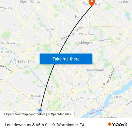 Lansdowne Av & 65th St to Warminster, PA map