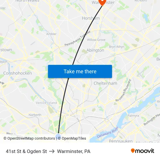 41st St & Ogden St to Warminster, PA map