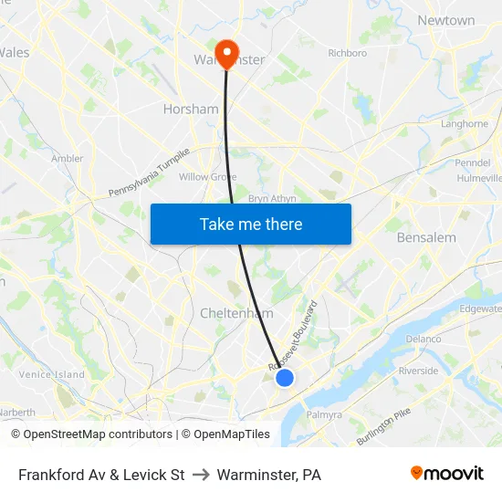 Frankford Av & Levick St to Warminster, PA map