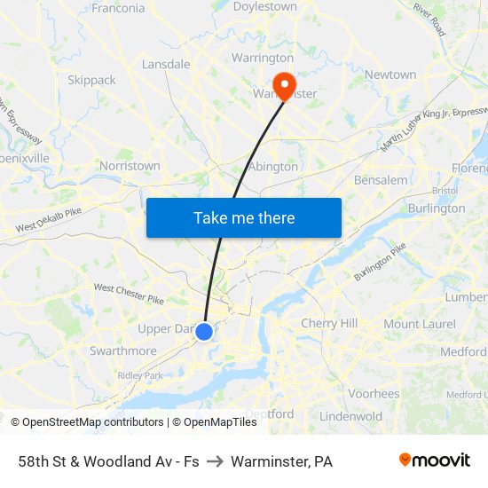 58th St & Woodland Av - Fs to Warminster, PA map