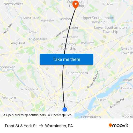 Front St & York St to Warminster, PA map