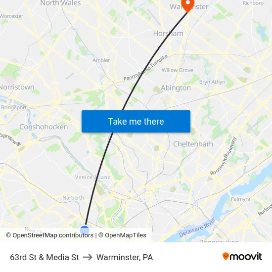 63rd St & Media St to Warminster, PA map