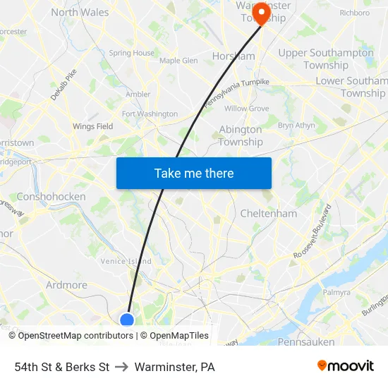 54th St & Berks St to Warminster, PA map