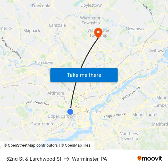52nd St & Larchwood St to Warminster, PA map
