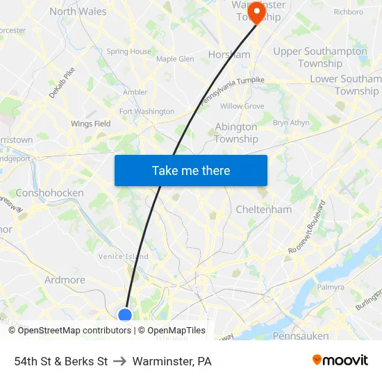 54th St & Berks St to Warminster, PA map