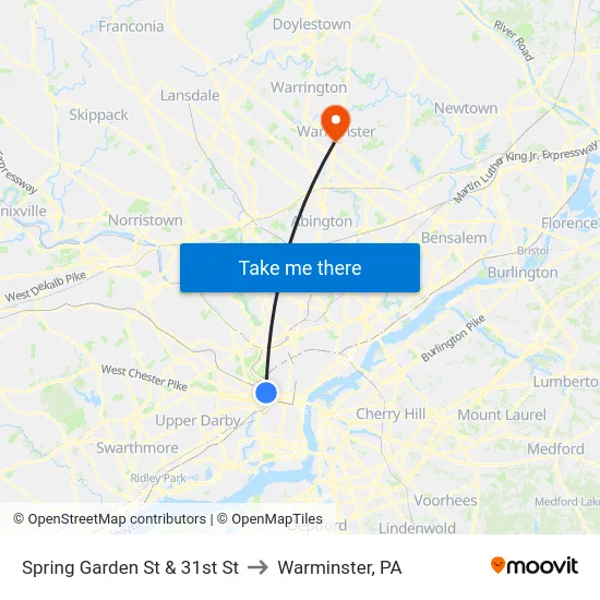 Spring Garden St & 31st St to Warminster, PA map