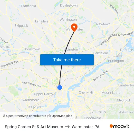 Spring Garden St & Art Museum to Warminster, PA map