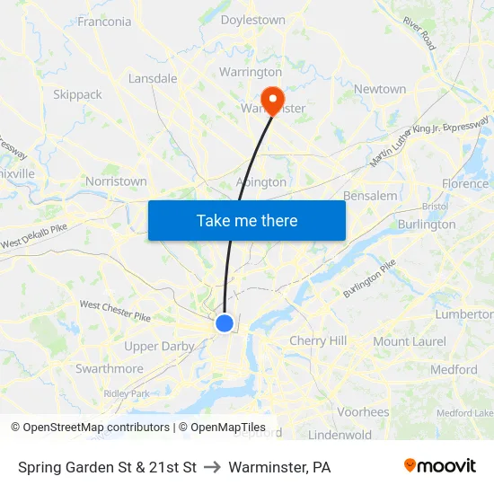 Spring Garden St & 21st St to Warminster, PA map