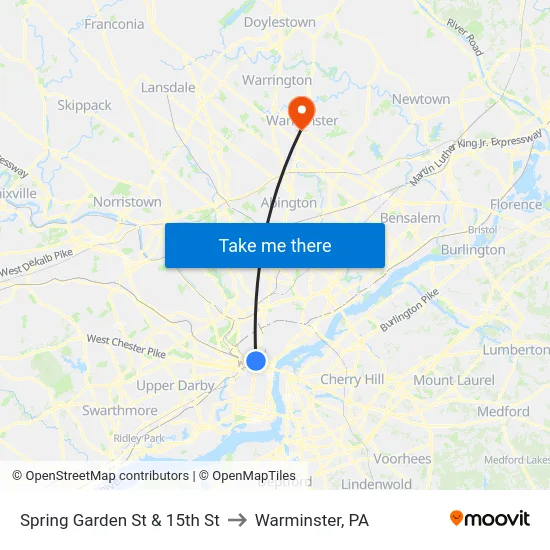 Spring Garden St & 15th St to Warminster, PA map