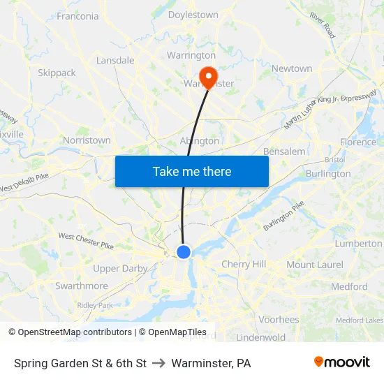 Spring Garden St & 6th St to Warminster, PA map