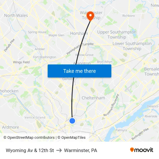 Wyoming Av & 12th St to Warminster, PA map