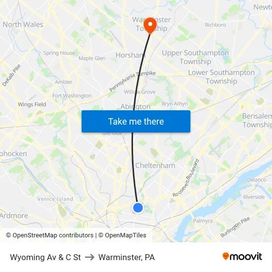 Wyoming Av & C St to Warminster, PA map