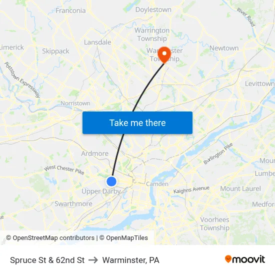 Spruce St & 62nd St to Warminster, PA map