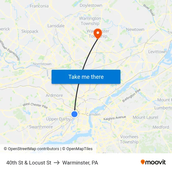 40th St & Locust St to Warminster, PA map