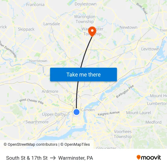 South St & 17th St to Warminster, PA map