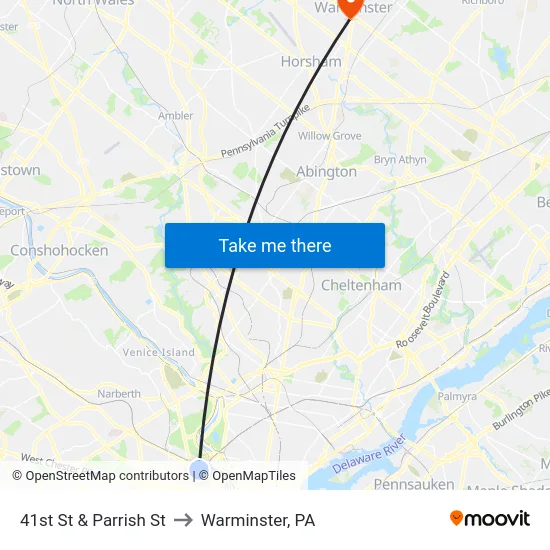 41st St & Parrish St to Warminster, PA map